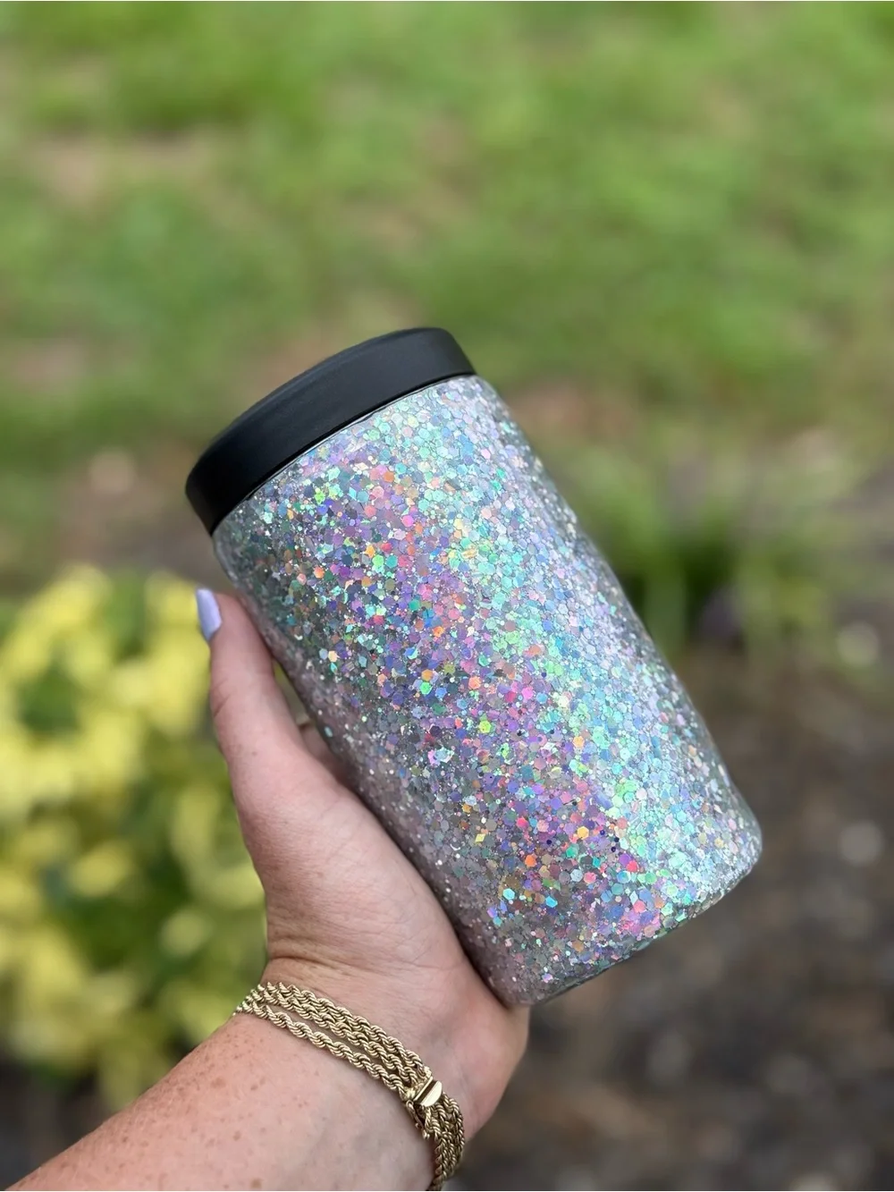 Glitter Silver Holographic Glitter Can Cooler Cup with Black Lid